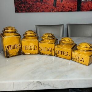 Vintage 60’s McCoy Mustard Yellow Brown ceramic glazed kitchen canister set
